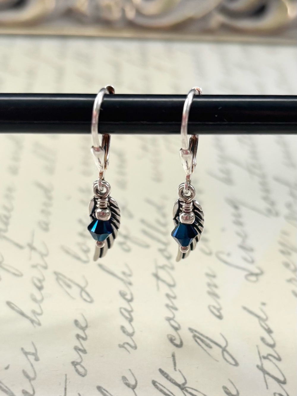 Sterling Silver Angel Wing Earrings with Metallic Blue Swarovski Crystal Beads